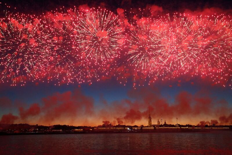 Fireworks light up over the Peter and Paul Fortress at the Neva River during the Scarlet Sails celebration in St.  Petersburg, Russia. EPA