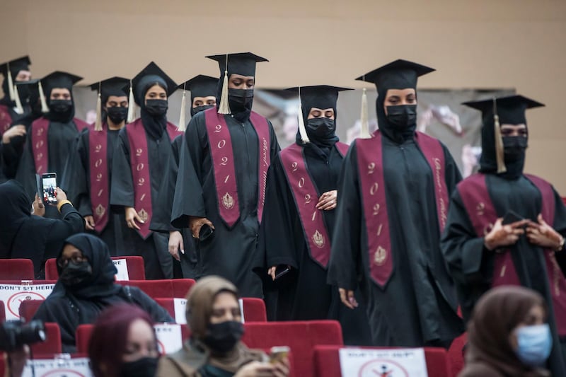 Ajman, United Arab Emirates - The female graduates at the Al Shola American School first in-person graduation for 12 graders.  Leslie Pableo for The National for Amir's story