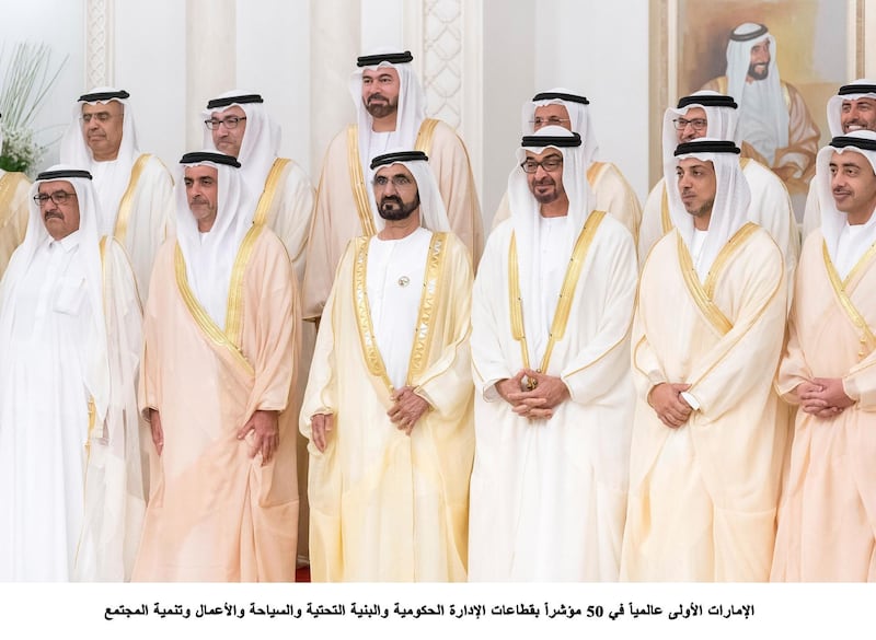 Sheikh Mohammed bin Rashid, Vice President, Prime Minister and Ruler of Dubai, and Sheikh Mohammed bin Zayed, Crown Prince of Abu Dhabi and Deputy Supreme Commander of the Armed Forces,  stand for a photo of the UAE Cabinet Members after the meeting on Sunday. Wam