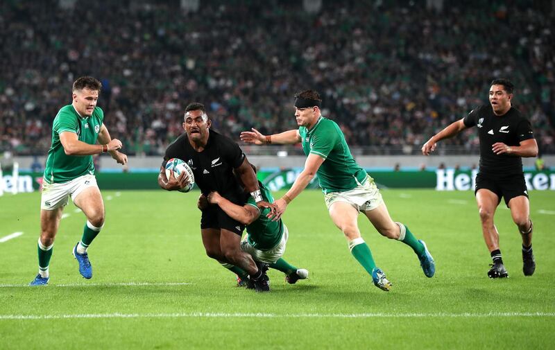 Sevu Reece of New Zealand is tackled by Jordan Larmour, Gary Ringrose and Jacob Stockdale of Ireland during the Rugby World Cup 2019 Quarter Final match between New Zealand and Ireland at the Tokyo Stadium in Chofu, Tokyo, Japan. Getty Images