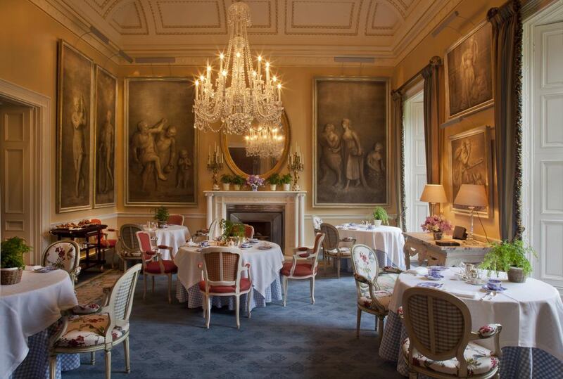 The Van Der Hagen dining room with walls hung with early 18th century paintings by Van Der Hagen at the Ballyfin. Courtesy Ballyfin