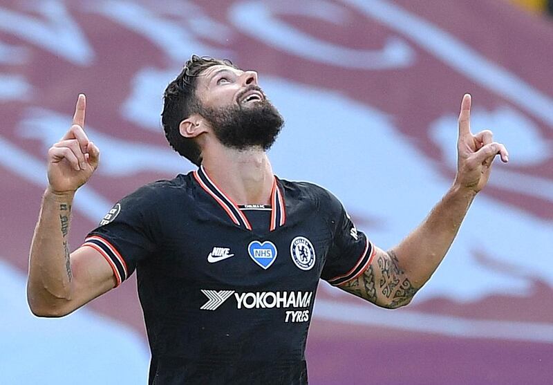 epa08500839 Chelsea's Olivier Giroud reacts after scoring the 1-2 lead during the English Premier League soccer match between Aston Villa and Chelsea FC in Villa Park, Birmingham, Britain, 21 June 2020.  EPA/JUSTIN TALLIS / NMC / AFP POOL EDITORIAL USE ONLY. No use with unauthorized audio, video, data, fixture lists, club/league logos or 'live' services. Online in-match use limited to 120 images, no video emulation. No use in betting, games or single club/league/player publications.