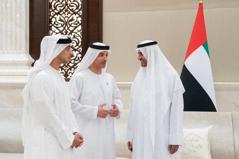 ABU DHABI, UNITED ARAB EMIRATES - May 27, 2019: (L-R) HH Sheikh Mansour bin Zayed Al Nahyan, UAE Deputy Prime Minister and Minister of Presidential Affairs, HH Sheikh Hazza bin Zayed Al Nahyan, Vice Chairman of the Abu Dhabi Executive Council and HH Sheikh Hamad bin Mohamed Al Sharqi, UAE Supreme Council Member and Ruler of Fujairah, attend an iftar reception at Al Bateen Palace.

( Mohamed Al Hammadi / Ministry of Presidential Affairs )
---
