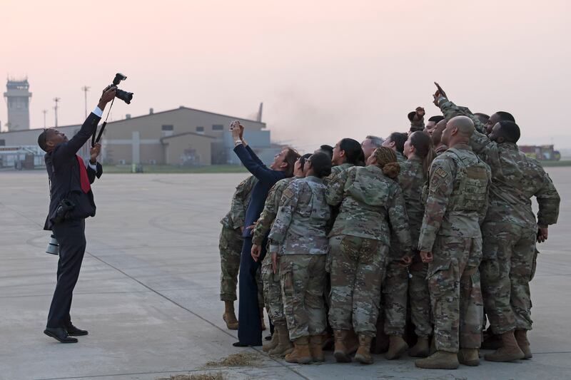 US Vice President Kamala Harris takes a selfie with soldiers before her departure from the demilitarized zone separating the two Koreas, in Panmunjom, South Korea. AP