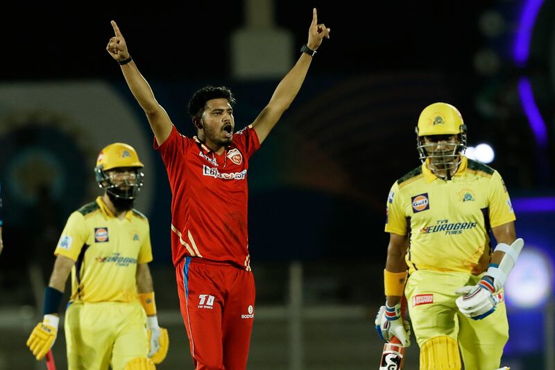 Vaibhav Arora of Punjab Kings celebrates the wicket of Robin Uthappa of Chennai Super Kings. Sportzpics / IPL