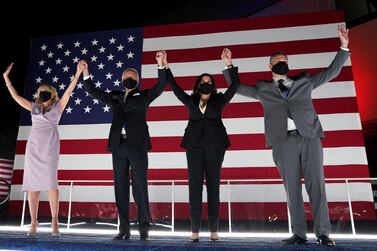 Democratic presidential candidate and former Vice President Joe Biden, his wife Jill Biden, U.S. Senator and Democratic candidate for Vice President Kamala Harris and her husband Douglas Emhoff celebrate after Joe Biden accepted the 2020 Democratic presidential nomination during the 4th and final night of the 2020 Democratic National Convention, as participants from across the country are hosted over video links from the originally planned site of the convention in Milwaukee, Wisconsin, U.S. August 20, 2020. REUTERS/Kevin Lamarque TPX IMAGES OF THE DAY