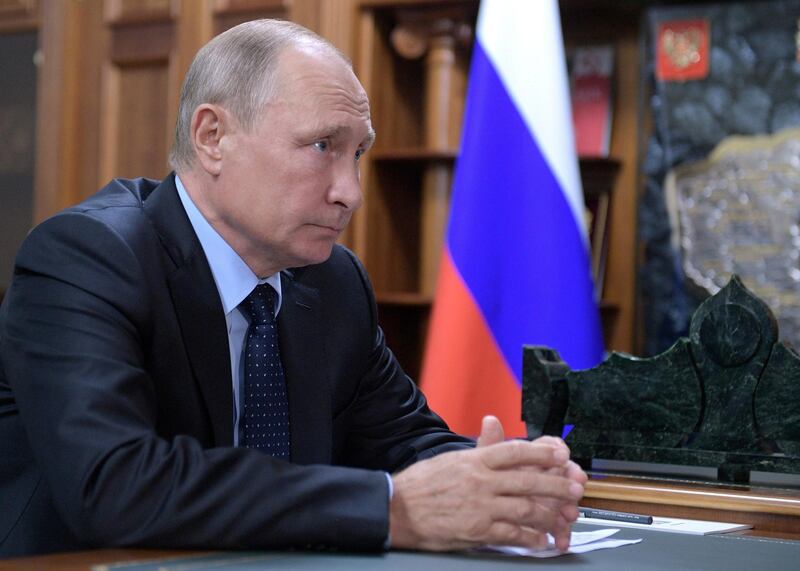 Russian President Vladimir Putin attends a meeting in Kemerovo, Russia, Monday, Aug. 27, 2018. (Alexei Druzhinin, Sputnik, Kremlin Pool Photo via AP)