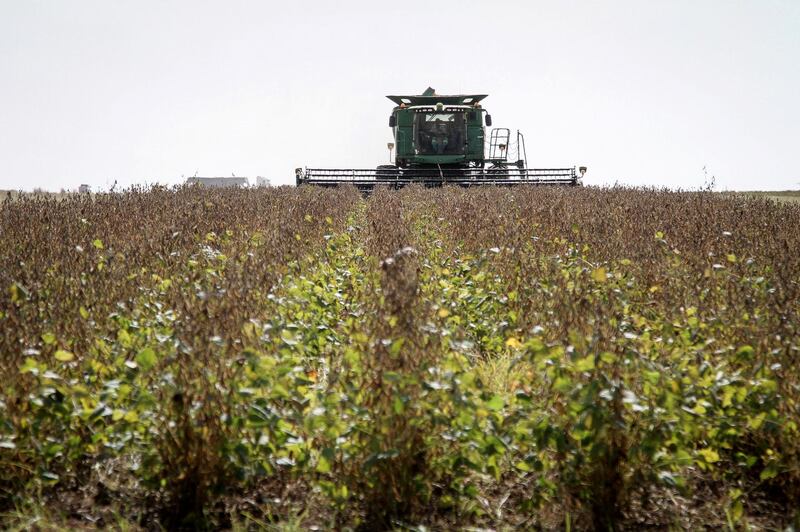 A John Deere combine harvester, manufactured by Deere & Co., drives across a crop of soybean plants during a harvest in Delmas, South Africa, on Tuesday, April 8, 2014. South African corn stockpiles probably will more than double in 2014-15 after the government predicted this season’s harvest will be the biggest since 1981. Photographer: Dean Hutton/Bloomberg