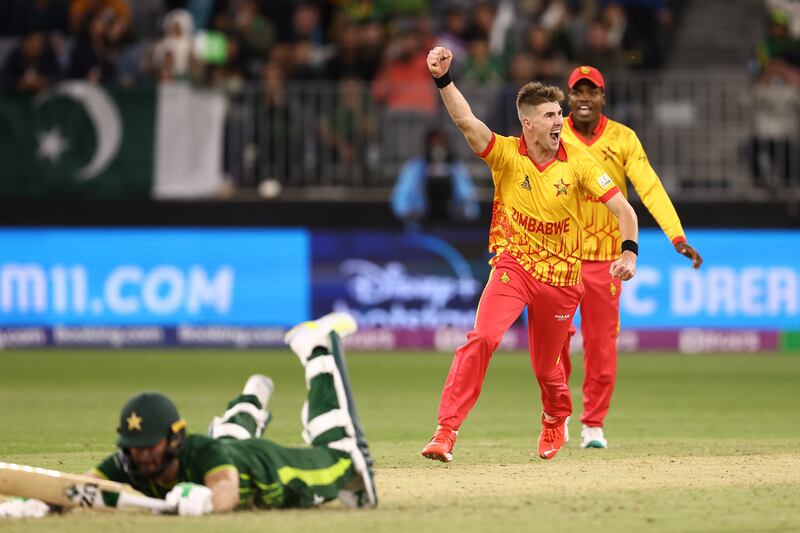 Bradley Evans celebrates Zimbabwe's one-run win over Pakistan at the T20 World Cup in Perth. Getty