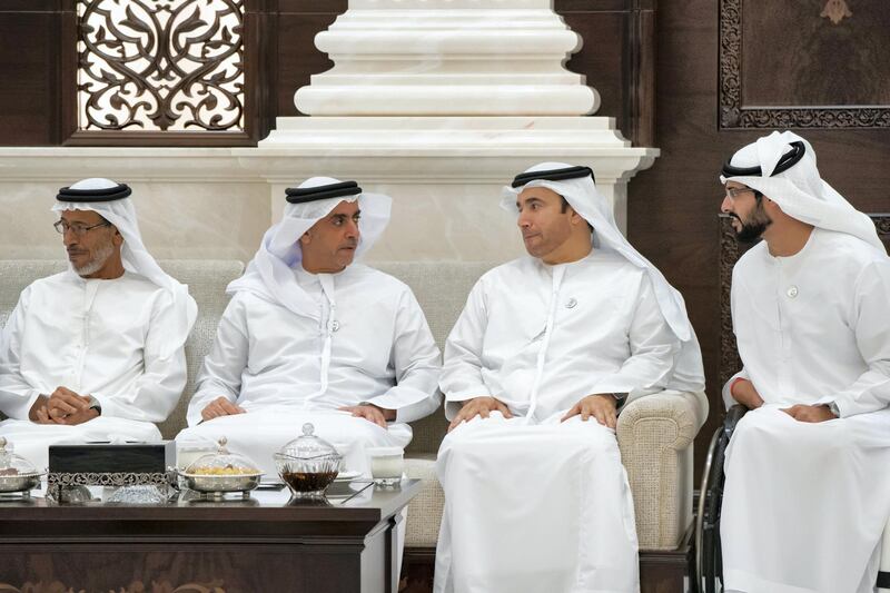 ABU DHABI, UNITED ARAB EMIRATES - May 21, 2019: HE Lt General Hamad Thani Al Romaithi, Chief of Staff UAE Armed Forces (L), HH Lt General Sheikh Saif bin Zayed Al Nahyan, UAE Deputy Prime Minister and Minister of Interior (2nd L) and HH Sheikh Zayed bin Hamdan bin Zayed Al Nahyan (R), attend an iftar reception, at Al Bateen Palace.

( Rashed Al Mansoori / Ministry of Presidential Affairs )
---