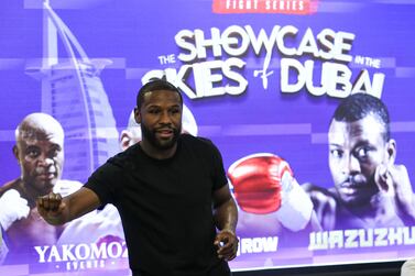 American promoter and former professional boxer Floyd Mayweather attends a press conference at Dubai Sports Council to talk about his upcoming boxing exhibition fight against his countryman Don Moore 'Dangerous' during the First Global Titans Fight Series at the Helipad of Burj Al Arab luxury hotel in the Gulf emirate of Dubai, United Arab Emirates, 11 May 2022.   EPA / ALI HAIDER