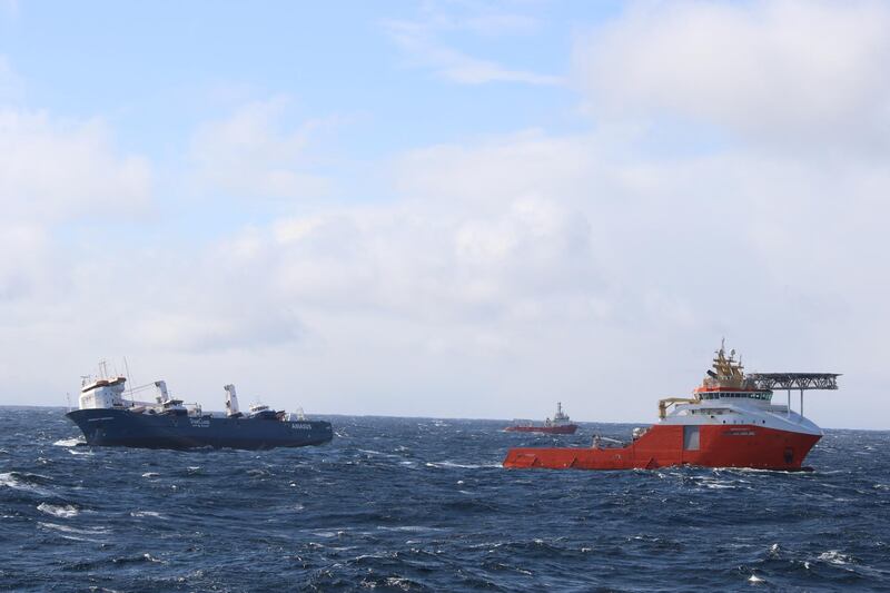The fuel-laden Dutch cargo ship that was at risk of running aground was safely secured to two tugboats. Reuters