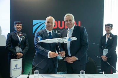 Yehia Zakaria, EgyptAir Holding's chairman and chief executive, and Christian Scherer, Airbus's chief commercial officer, during the signing ceremony at the Dubai Airshow. Leslie Pableo/ The National