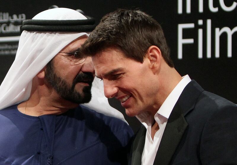 Sheikh Mohammed bin Rashid, Vice President and Ruler of Dubai, with Cruise at the opening ceremony of the Dubai International Film Festival in December 2011. AFP