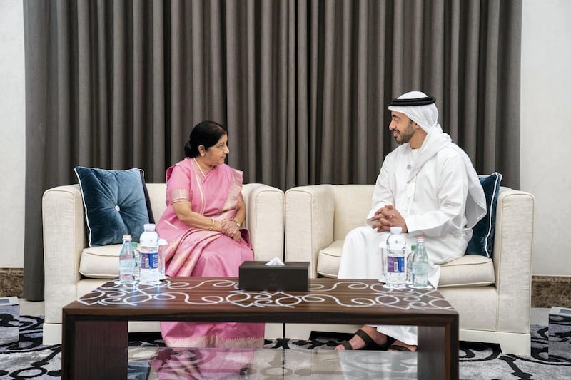 Sheikh Abdullah bin Zayed, Minister of Foreign Affairs and International Co-operation meets with Sushma Swaraj, Minister of External Affairs of India. Courtesy MOFAIC