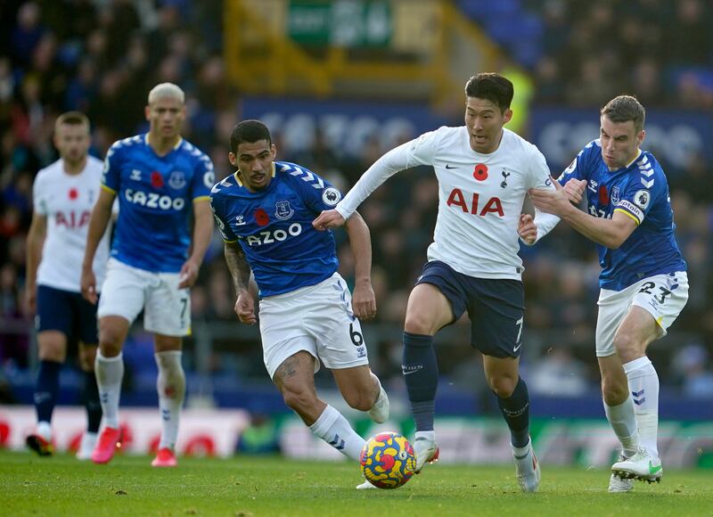 Tottenham forward Son Heung-min runs with the ball against Everton. PA
