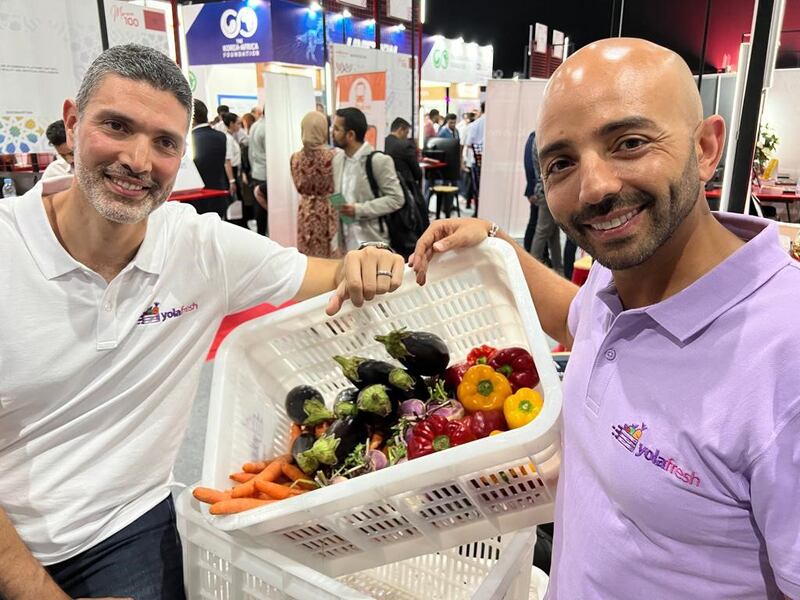 Youssef Mamou and Larbi Belrhiti, founders of agri-tech firm Yola Fresh, who were exhibiting at Gitex Africa in Morocco. Andy Scott / The National
