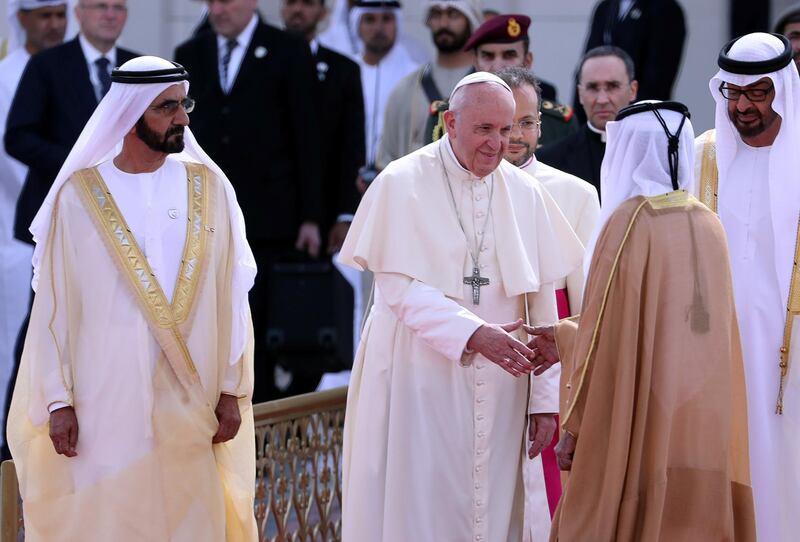 Pope Francis, with Sheikh Mohamed bin Zayed, and Sheikh Mohammed bin Rashid, meets other members of the UAE leadership. Reuters