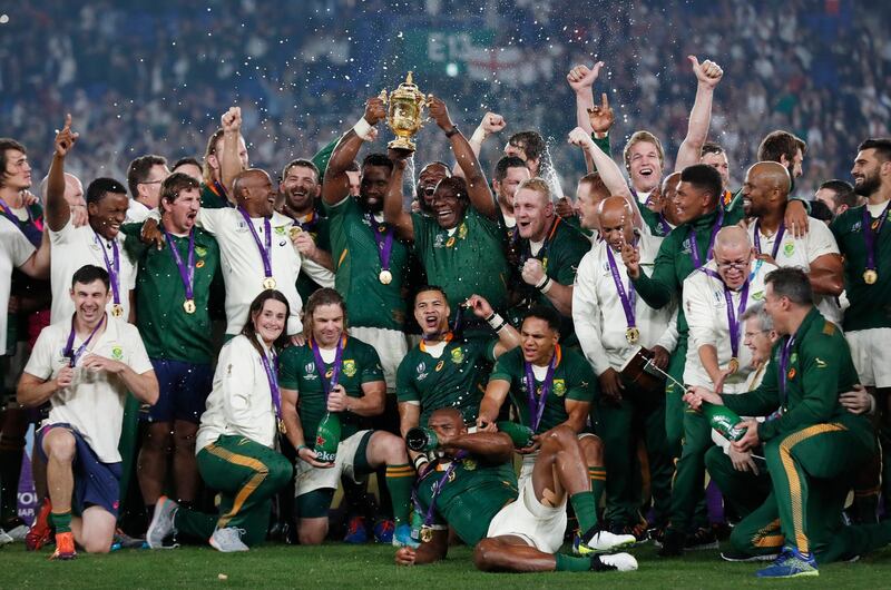 Rugby Union - Rugby World Cup - Final - England v South Africa - International Stadium Yokohama, Yokohama, Japan - South Africa players celebrate with the Webb Ellis trophy after winning the World Cup Final REUTERS