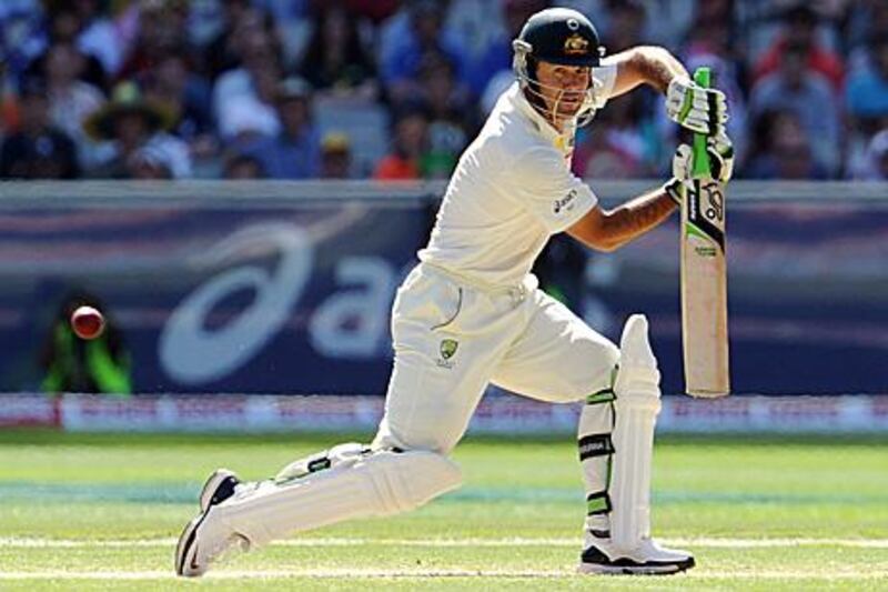 Australian batsman Ricky Ponting glides a ball away on the third day of the first Test match between Australian and India at the Melbourne Cricket Ground (MCG), in Melbourne on December 28, 2011.   IMAGE STRICTLY RESTRICTED TO EDITORIAL USE - STRICTLY NO COMMERCIAL USE  AFP PHOTO / William WEST

