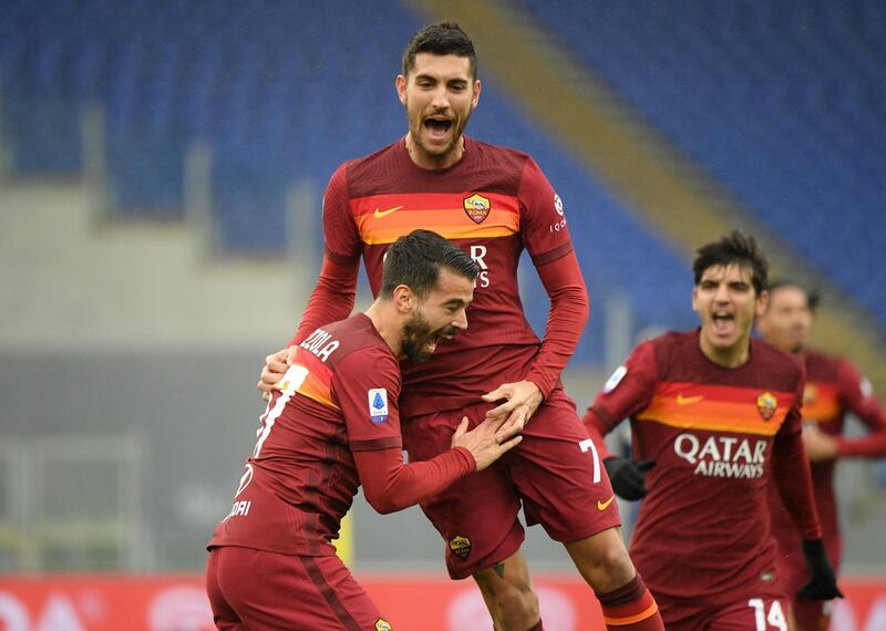 Roma's Lorenzo Pellegrini celebrates opening the scoring. Reuters