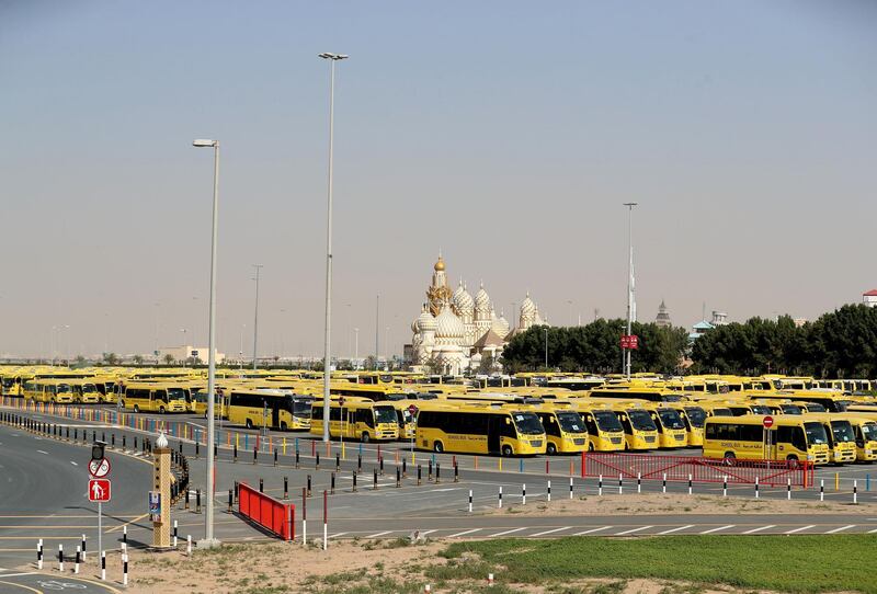 Dubai, United Arab Emirates - Reporter: N/A: A lot of school busses sit outside Global Village. Wednesday, April 1st, 2020. Dubai. Chris Whiteoak / The National