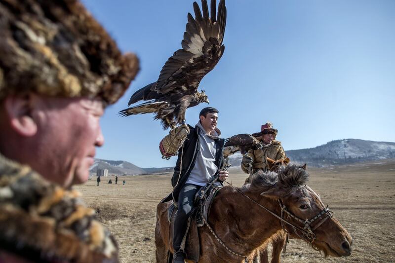 epa07412707 Mongolian eagle hunters attend the nomadic Spring Golden Eagle Festival in Ulaanbaatar, Mongolia, 03 March 2019 (issued 04 March 2019). The festival promotes the tradition of hunting with eagles and hunters can show off their skills in different competitions and activities during the two-day event. The practice of falconry has been inscribed into the UNESCO Intangible Cultural Heritage List in 2010. Mongolia is one of few countries in the world to preserve the thousands-of-years old eagle hunting tradition.  EPA/BYAMBA-OCHIR