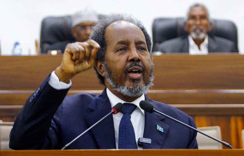 Somalia's President Hassan Sheikh Mohamud addresses the parliament regarding the Ethiopia-Somaliland port deal, in Mogadishu. Reuters