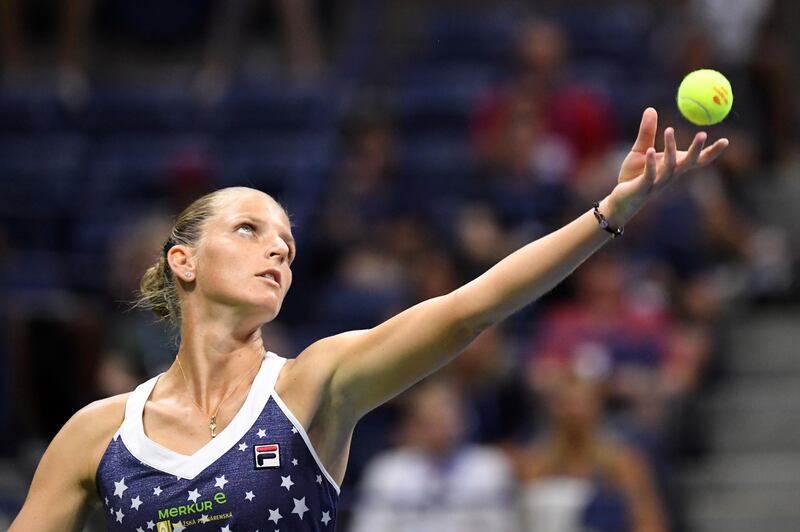 Pliskova serves to Williams. Danielle Parhizkaran / USA Today Sports
