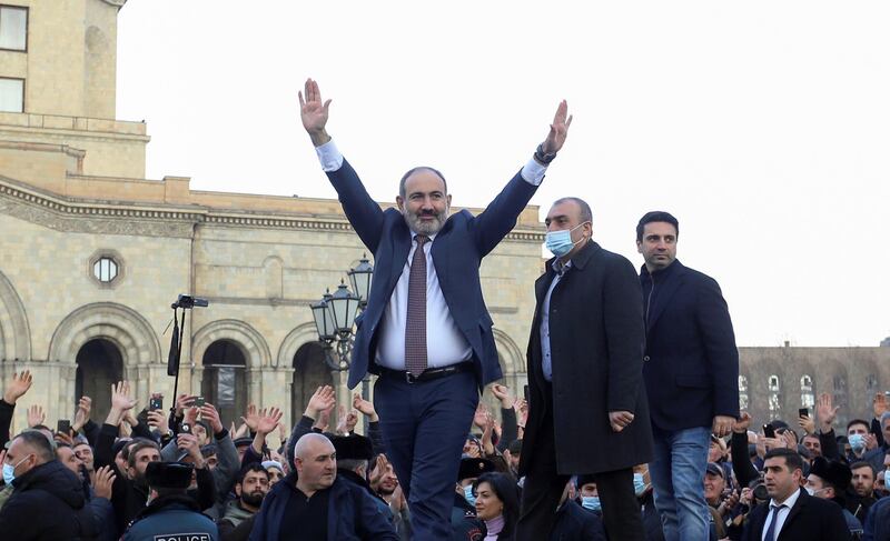 Armenian Prime Minister Nikol Pashinyan greets his supporters during a gathering in Republic Square in Yerevan, Armenia. Reuters