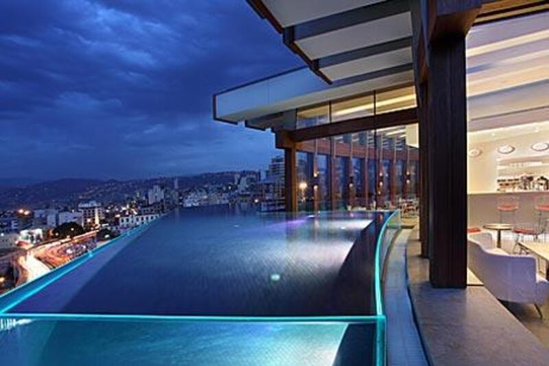 The heated, chlorine-free infinity pool on the Le Gray's roof offers a view of Mount Lebanon.