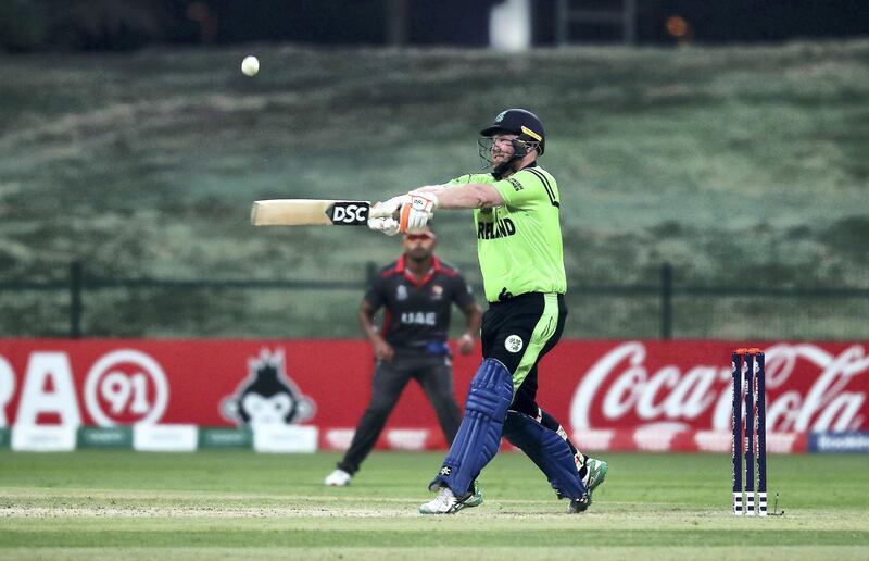 ABU DHABI , UNITED ARAB EMIRATES , October 19  – 2019 :- Paul Stirling of Ireland playing a shot during the World Cup T20 Qualifiers between UAE v Ireland held at Zayed Cricket Stadium in Abu Dhabi.  ( Pawan Singh / The National )  For Sports. Story by Amith