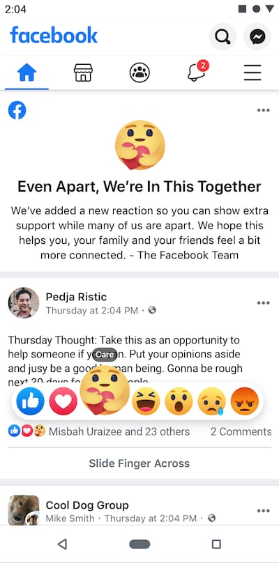 Facebook launched a new 'Hug' reaction button on Facebook last year. Courtesy Facebook 