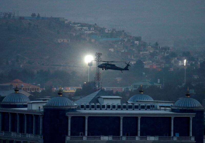 A NATO helicopter lands at the Resolute Support headquarters in Kabul. Reuters