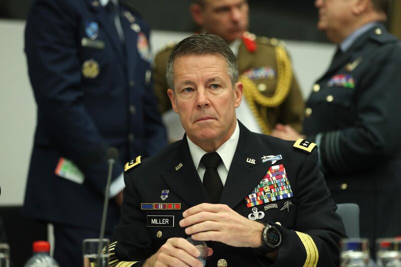 Resolute Support Mission Commander United States Army General Austin Scott Miller waits for the start a meeting of the North Atlantic Council and Resolute Support at NATO headquarters in Brussels on December 5, 2018. (Photo by Francisco Seco / POOL / AFP)