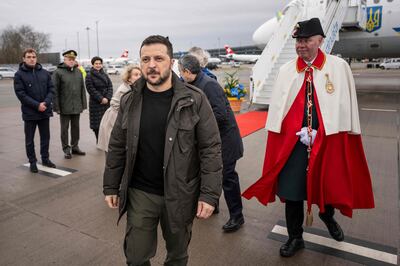 Ukrainian President Volodymyr Zelenskyy arrives at Zurich airport on Monday. A possible meeting between Mr Zelenskyy and a delegation from China at Davos could be an important one for breaking the deadlock in the damaging conflict with Russia. AFP
