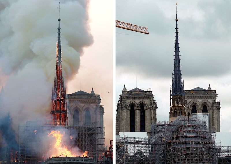 A combination picture shows smoke billowing as fire engulfs the spire of Notre Dame Cathedral on April 15, 2019, and a view of the new spire, surmounted by the rooster and the cross as restoration works continue in Paris. Reuters