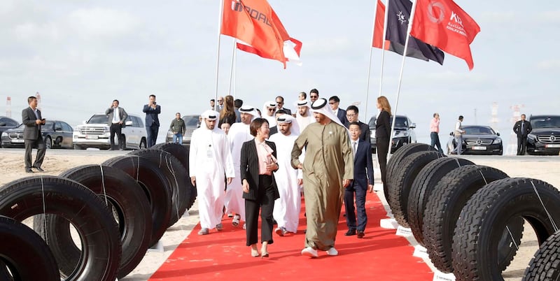Dr. Sultan Al Jaber, the UAE Minister of State and Chairman of Abu Dhabi Ports, and Roadbot Chairwoman Zhang Yingzi attended the the groundbreaking of the Roadbot Tire Project KIZAD. Courtesy Roadbot 