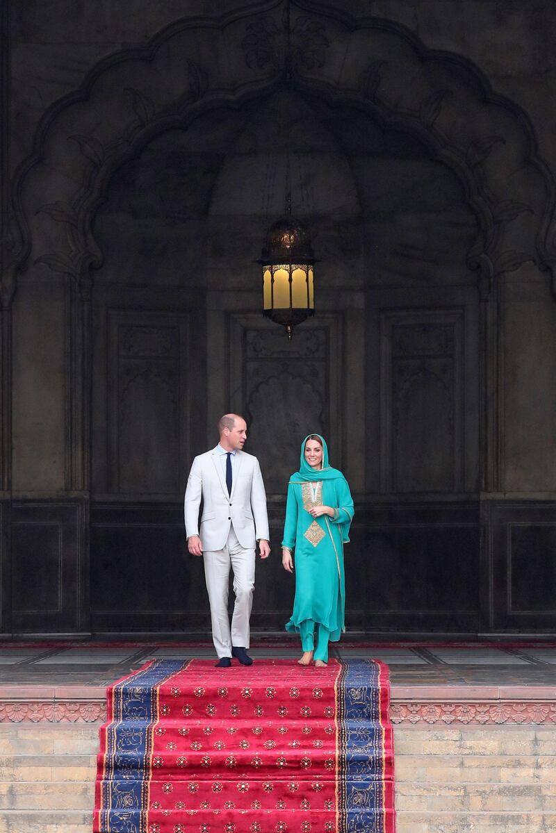 Prince William, Duke of Cambridge and Catherine, Duchess of Cambridge visit the Badshahi Mosque within the Walled City during day four of their royal tour of Pakistan on October 17, 2019 in Lahore, Pakistan.