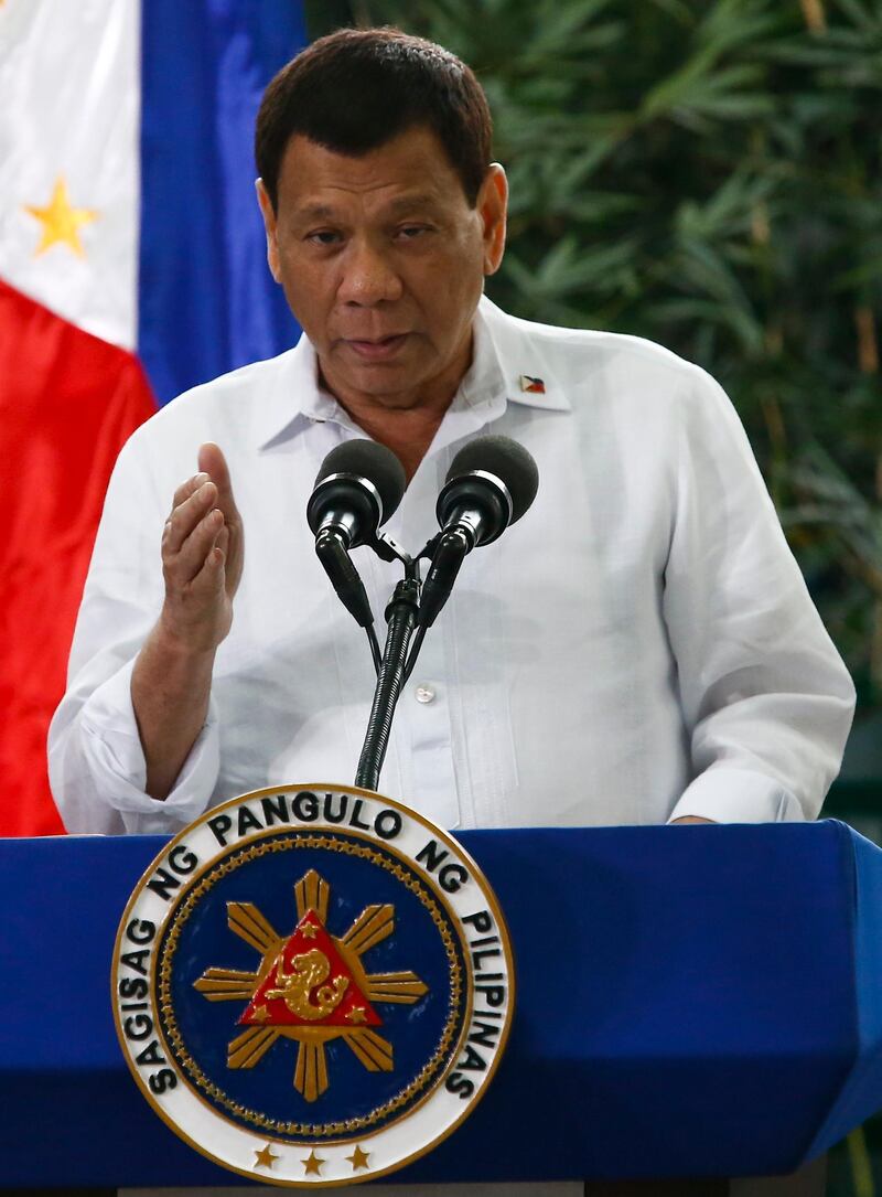 epa06469451 Philippine President Rodrigo Duterte delivers a message before departure from the Ninoy Aquino International Airport in Manila, Philippines 24 January 2018. President Duterte is travelling to India to attend the Association of Southeast Asian Nations (ASEAN)-India Special Commemorative Summit slated for 24 to 26 January 2018.  EPA/ROLEX DELA PENA