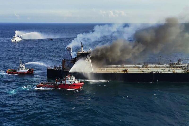The MT New Diamond, which was carrying 270,000 metric tons of crude oil from Kuwait, was on its way to the Indian port of Paradip when it caught fire. EPA