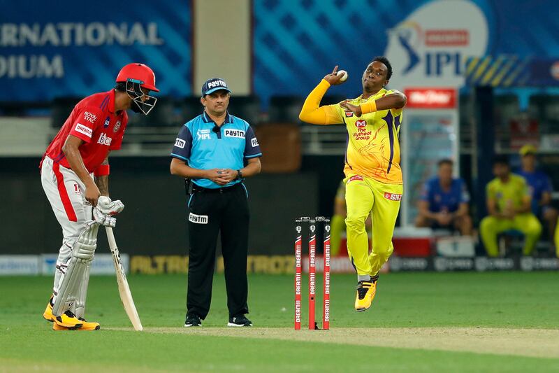 Dwayne Bravo of Chennai Superkings  bowling during match 18 of season 13 of the Dream 11 Indian Premier League (IPL) between the Kings XI Punjab and the Chennai Super Kings held at the Dubai International Cricket Stadium, Dubai in the United Arab Emirates on the 4th October 2020.  Photo by: Saikat Das  / Sportzpics for BCCI