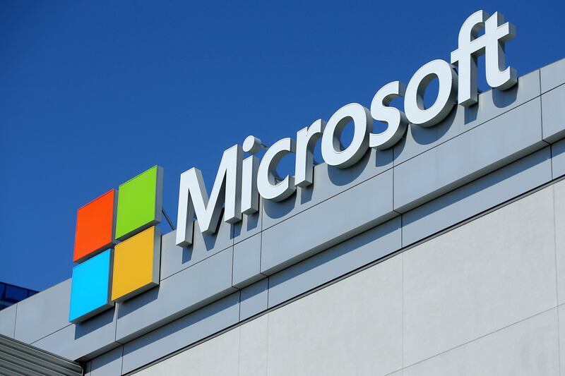 FILE PHOTO: The Microsoft logo is shown on the Microsoft Theatre at the E3 2017 Electronic Entertainment Expo in Los Angeles, California, U.S. June 13, 2017.  REUTERS/ Mike Blake/File Photo