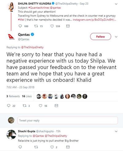 Qantas Tweeted a reply to Shila Shetty's complaint.