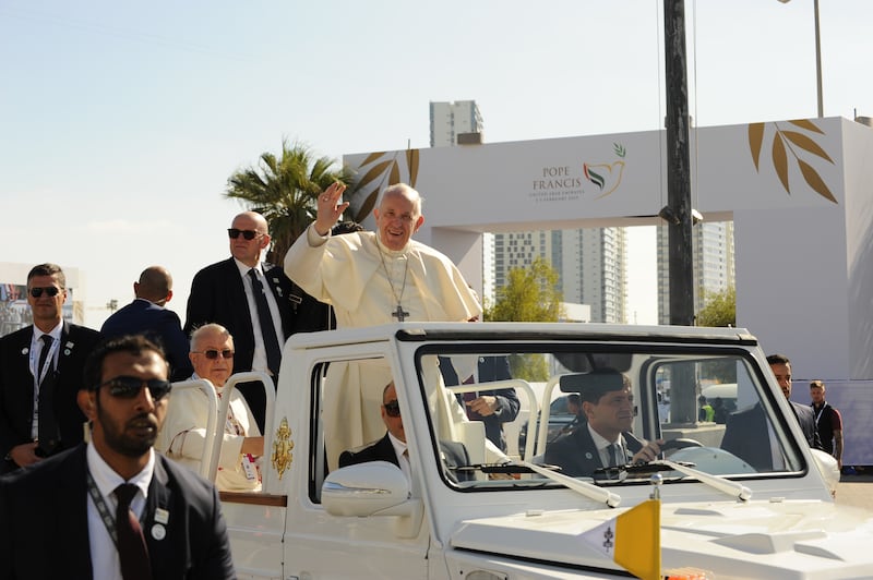 Bishop Paul Hinder with the pope during his visit to Abu Dhabi in 2019.