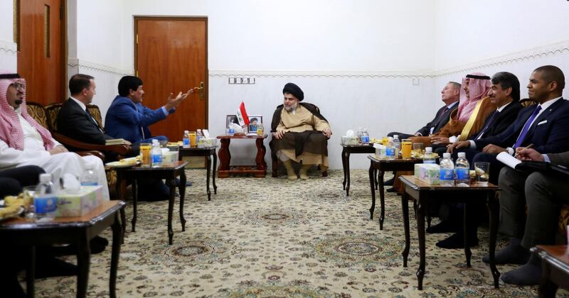 Iraqi Shi'ite cleric Moqtada al-Sadr meets with ambassadors of Turkey, Jordan, Saudi Arabia, Syria and Kuwait, in Najaf, Iraq May 18, 2018. REUTERS/Alaa al-Marjani