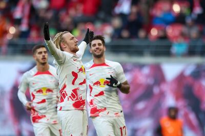 RB Leipzig's Emil Forsberg celebrates scoring in the Bundesliga match against Borussia Monchengladbach on March 11, 2023. AP