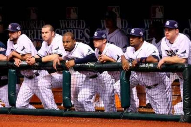 ST PETERSBURG, FL - OCTOBER 22: The Tampa Bay Rays looks on from the dugout against the Philadelphia Phillies during game one of the 2008 MLB World Series on October 22, 2008 at Tropicana Field in St. Petersburg, Florida.   Doug Benc/Getty Images/AFP
== FOR NEWSPAPERS, INTERNET, TELCOS & TELEVISION USE ONLY == *** Local Caption ***  543862-01-08.jpg