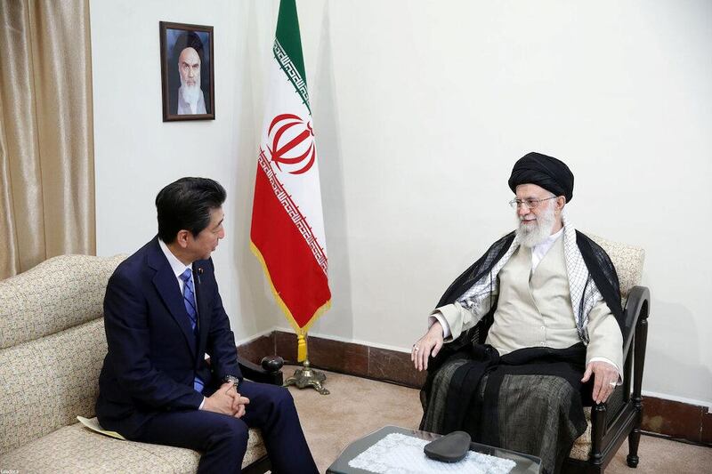 Iran's Supreme Leader Ayatollah Ali Khamenei meets with Japan's Prime Minister Shinzo Abe in Tehran, Iran June 13, 2019. Official Khamenei website/Handout via REUTERS ATTENTION EDITORS - THIS IMAGE WAS PROVIDED BY A THIRD PARTY. NO RESALES. NO ARCHIVES