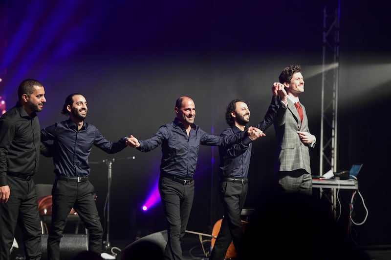 The trio, consisting of brothers Adnan, Wissam and Samir Joubran, bow to the audience at the end of the performance in Abu Dhabi Cultural Foundation